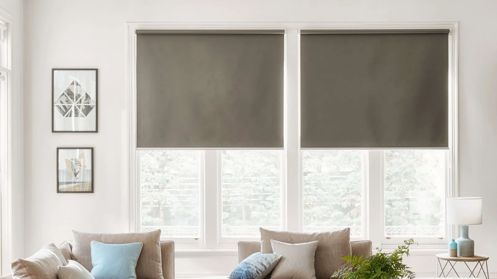 Roller blinds in a styled living room